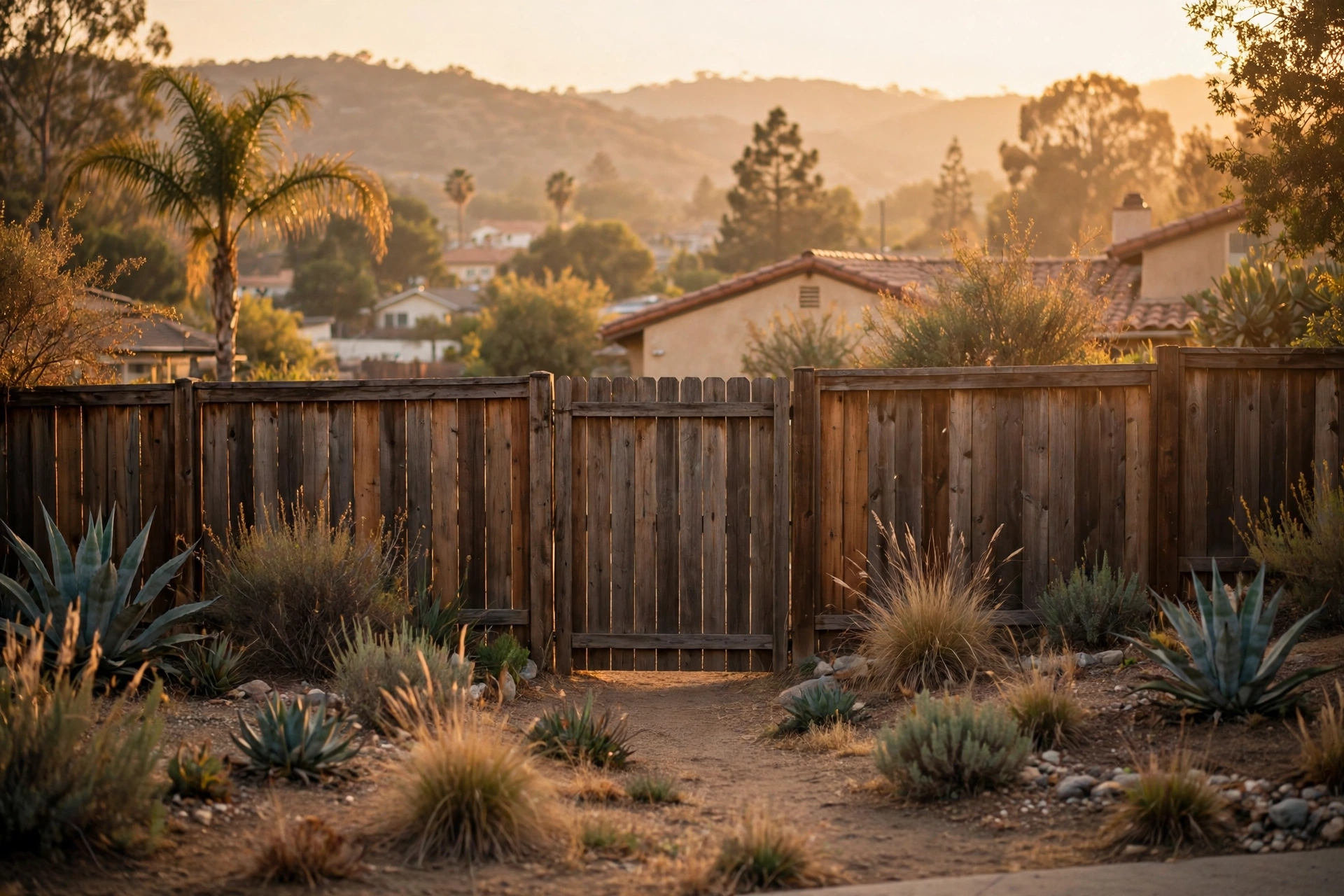A wood fence gate in a Riverside yard at golden hour
