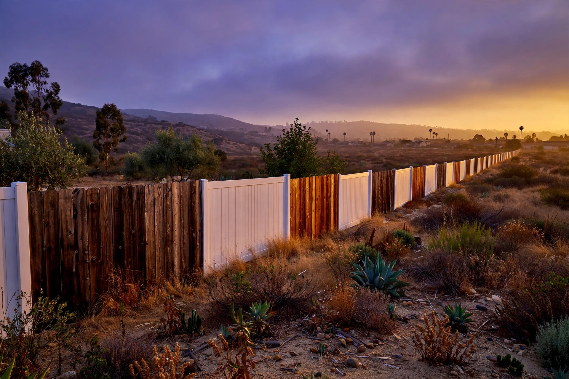 A long vinyl and wood fence line running through a Riverside yard at dusk